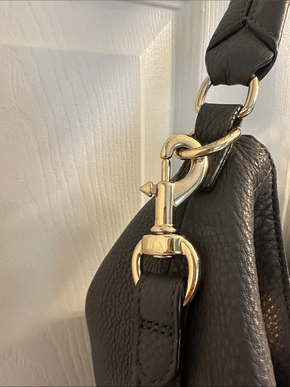 Rebecca Minkoff Moto Hobo Leather Shoulder Bag Dark Gray Gold Hardware - Picture 2 of 16